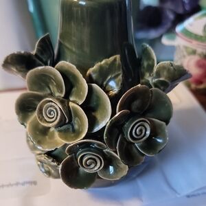 Green Ceramic Vase with Floral Design